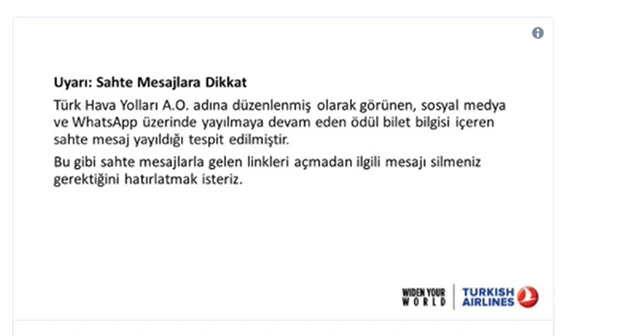 THY'den uyarı 'Gelen mesajı açmadan silin'