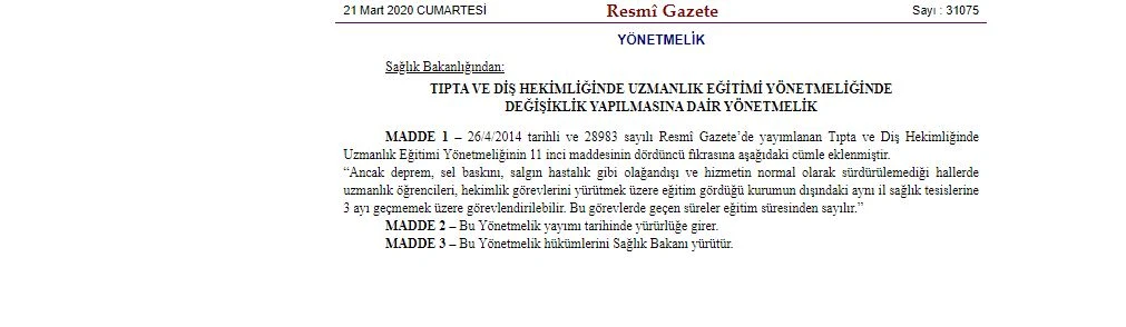 Uzmanlık eğitimi alan hekimler koronavirüs mücadelesine 3 ay süreyle dahil olacak