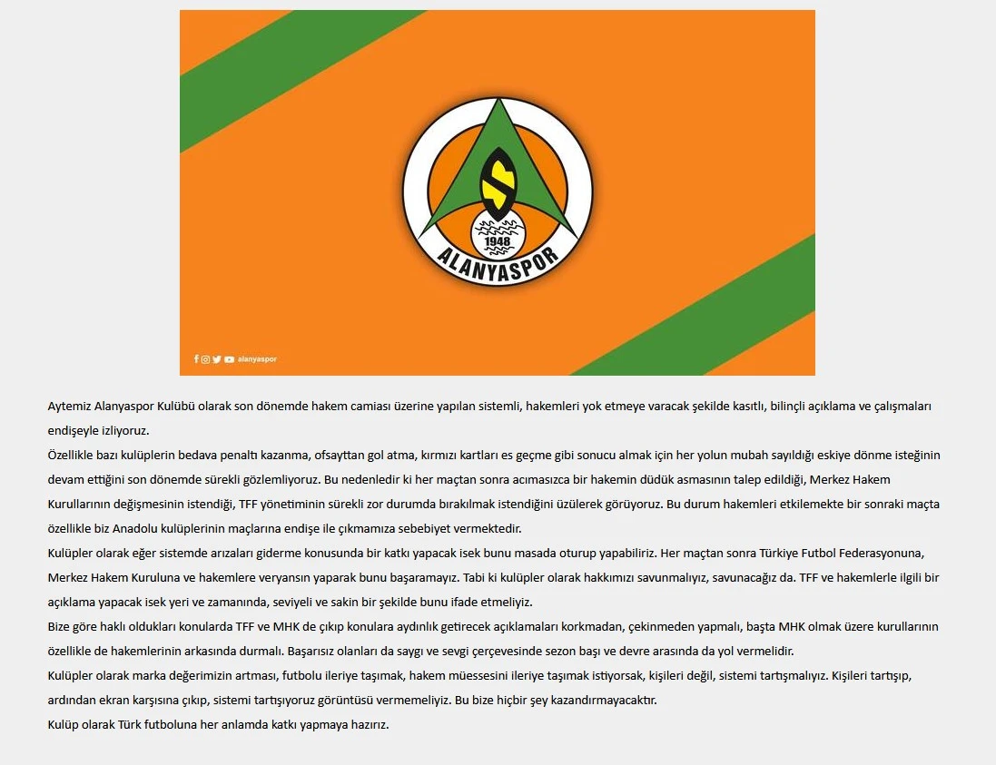 Alanyaspor'dan Fenerbahçe maçı öncesi "hakem" açıklaması!