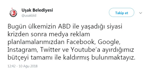 Uşak Belediyesi'nden ABD'ye yaptırım kararı