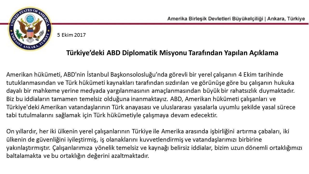 ABD'den İstanbul'daki konsolosluk görevlisi tutuklanmasıyla ilgili açıklama: Rahatsızız