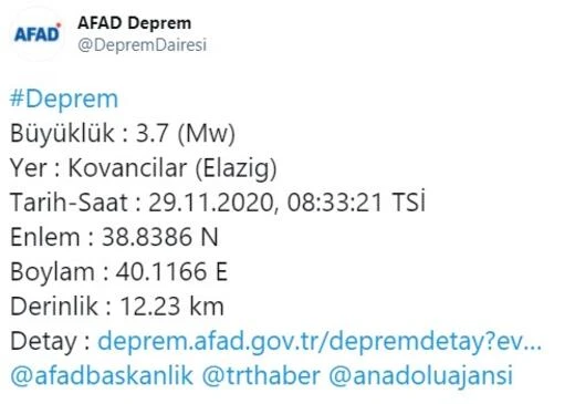 Elazığ'da 3.7 büyüklüğünde deprem kaydedildi
