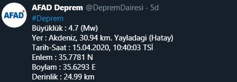 Hatay'ın Yayladağı ilçesinde 4.7 büyüklüğünde deprem kaydedildi