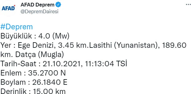 Son dakika... Ege Denizi'nde deprem