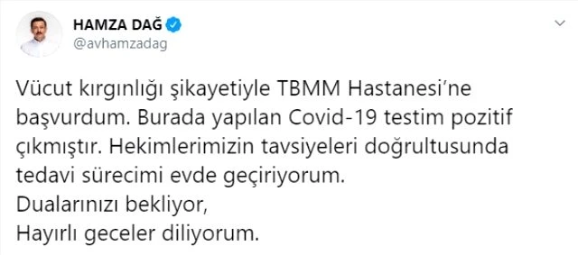 AK Parti Genel Başkan Yardımcısı Dağ'ın Kovid-19 testi pozitif çıktı