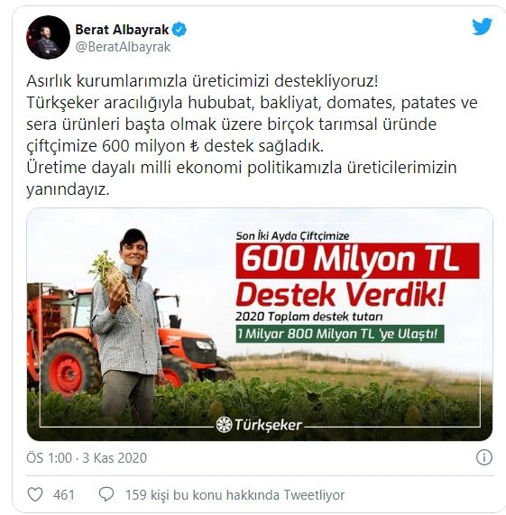 Bakan Berat Albayrak çiftçiye destek açıklamasında bulundu