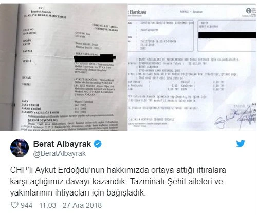 Bakan Albayrak: Erdoğdu'nun iftiralarına karşı açılan davayı kazandık
