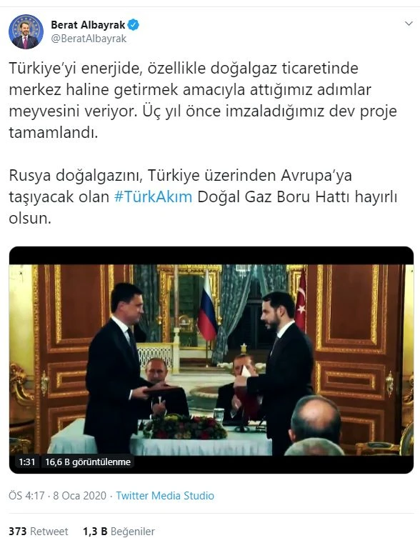 Hazine ve Maliye Bakanı Berat Albayrak'tan TürkAkım paylaşımı
