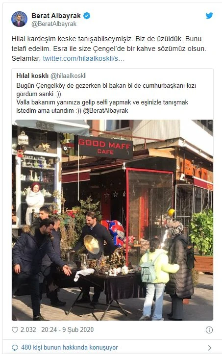 Bakan Berat Albayrak’tan takipçisine yanıt: 'Esra ile size kahve sözümüz olsun'