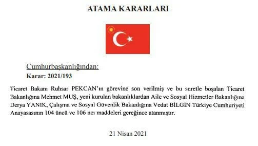 Kabine değişikliği Resmi Gazete'de yayımlandı