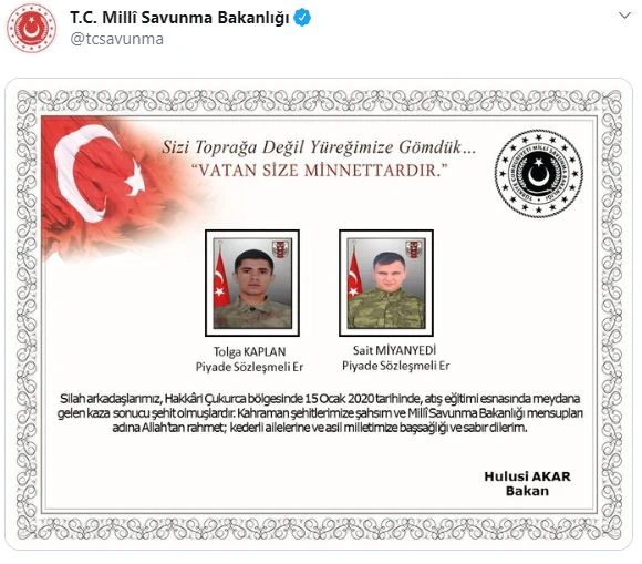 MSB az önce açıkladı: 2 askerimiz şehit oldu, 2 askerimiz yaralı