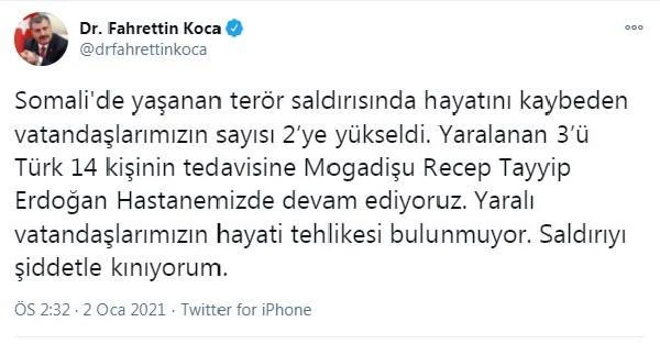 Bakan Koca duyurdu: Somali saldırısında can kaybı 2'ye yükseldi