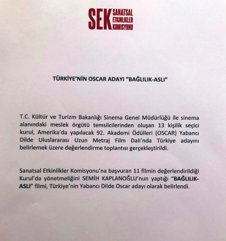 Türkiye’nin Oscar aday adayı Bağlılık Aslı filmi