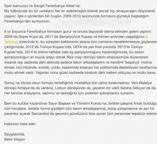 Bekir İrtegün'ün ayrılık açıklaması