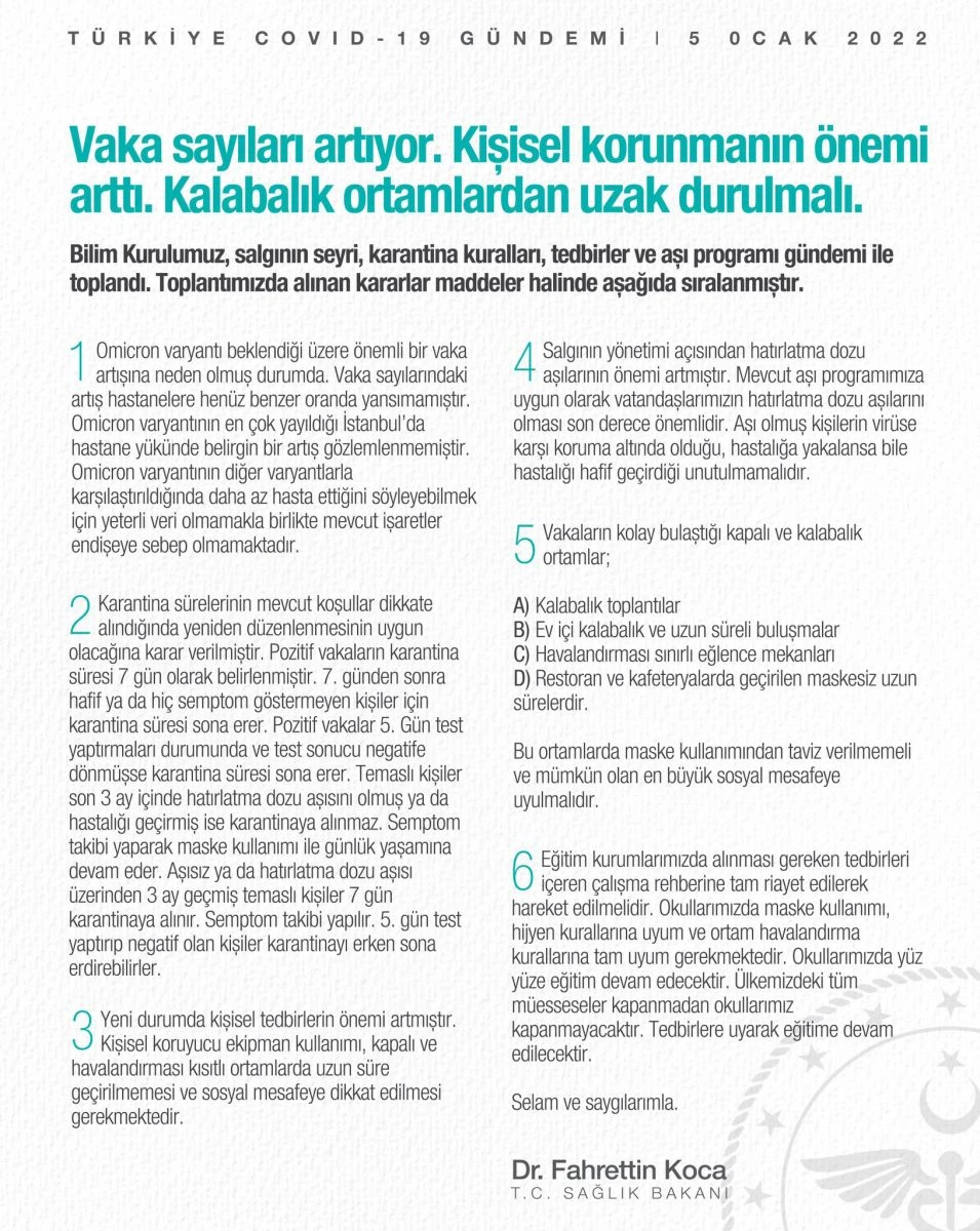 Son dakika! Bilim Kurulu sonrası yazılı açıklama: Pozitif vakaların karantina süresi 7 güne indi