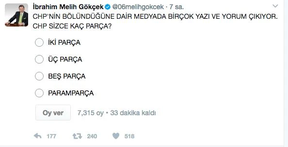Melih Gökçek'ten bomba CHP anketi
