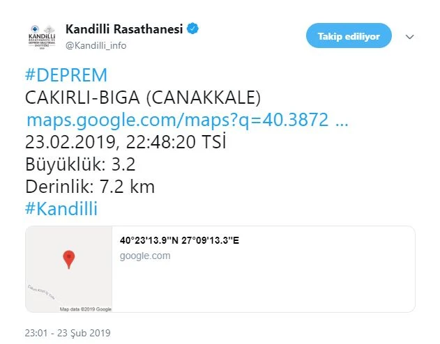 Çanakkale'de 3.2 büyüklüğünde deprem kaydedildi