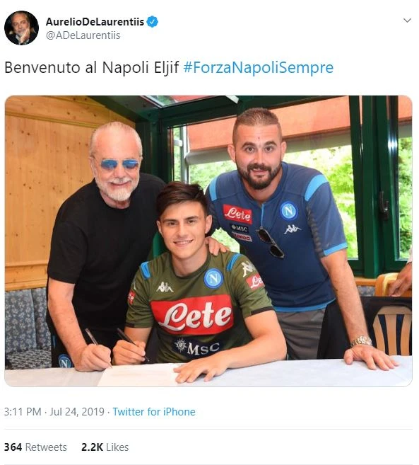 Napoli başkanı Aurelio De Laurentiis'ten Eljif Elmas'a 'Hoş geldin' mesajı