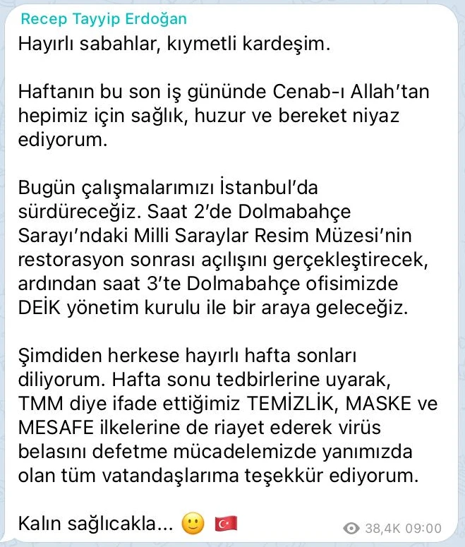 Cumhurbaşkanı Erdoğan, Telegram'dan bugünkü mesaisini paylaştı