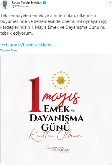 Cumhurbaşkanı Erdoğan'dan 1 Mayıs mesajı: Emek ve alın teriyle büyüyen işçilere tebrik
