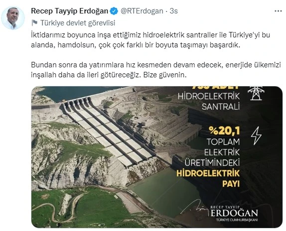 Cumhurbaşkanı Erdoğan duyurdu: Hidroelektrikte ilk 10 ülke arasındayız