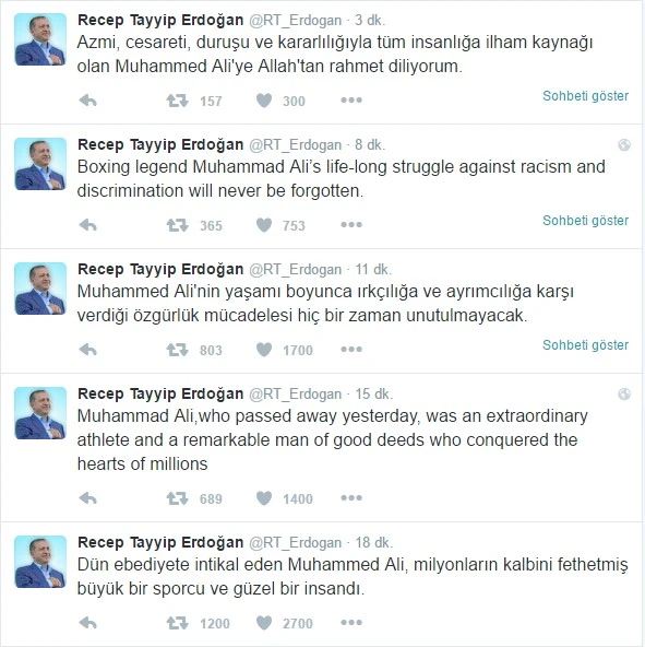 Cumhurbaşkanı Erdoğan'dan Muhammed Ali mesajı