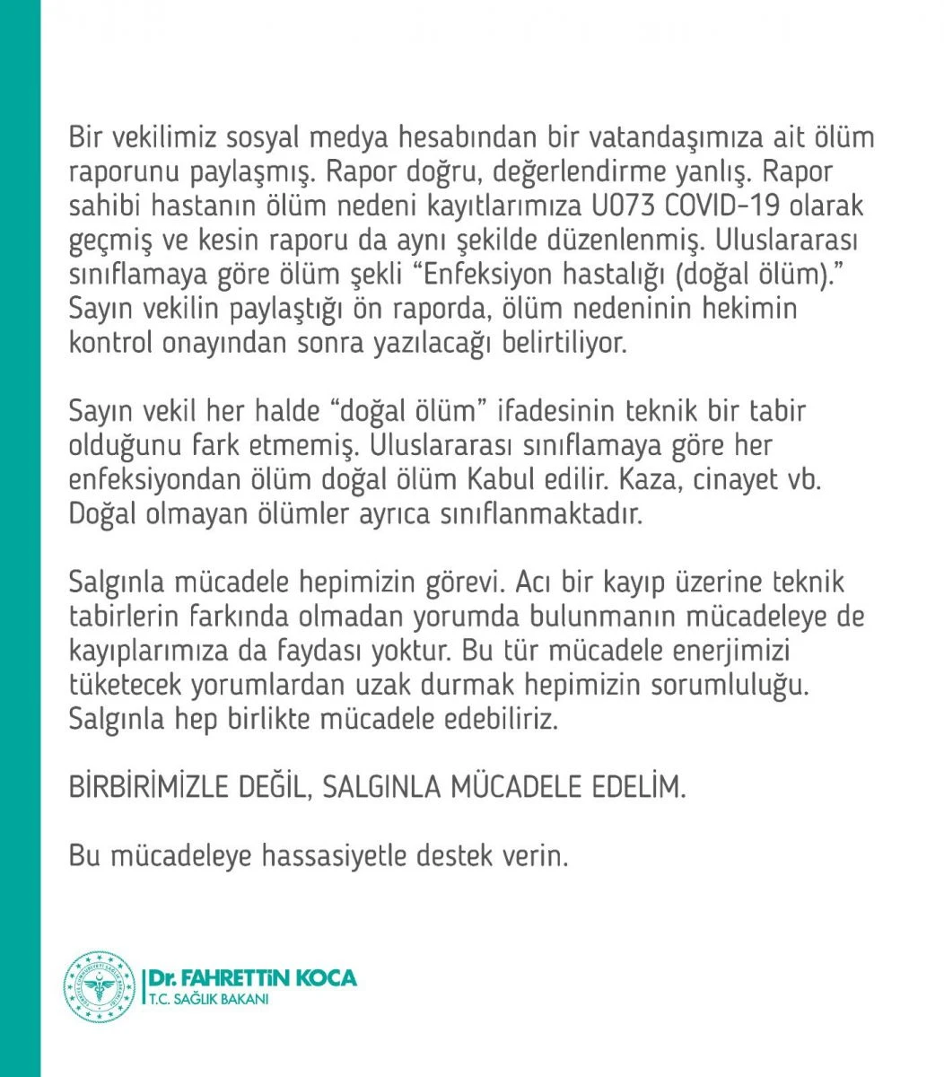 Bakan Koca'dan, bir milletvekilinin paylaştığı 'ölüm raporu'na ilişkin açıklama