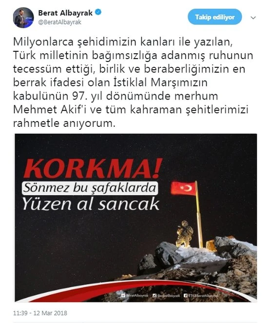 Bakan Albayrak'tan anlamlı İstiklal Marşı paylaşımı