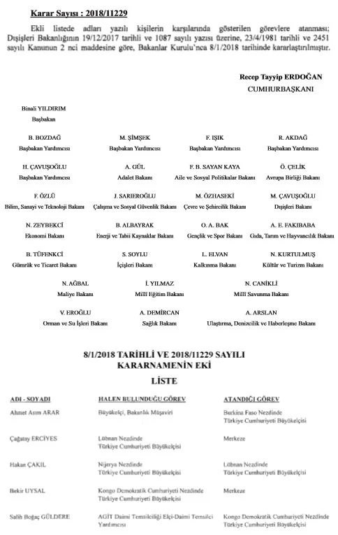 Büyükelçi atamaları Resmi Gazete'de