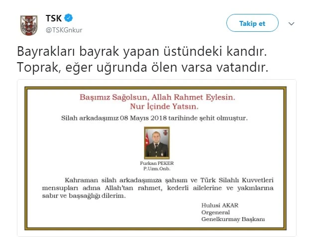 Genelkurmay Başkanı Akar, şehit Furkan Peker için taziye mesajı yayımladı