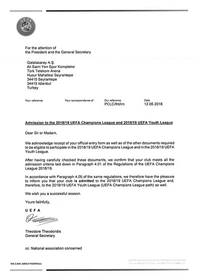 UEFA'dan Galatasaray'a Şampiyonlar Ligi mektubu