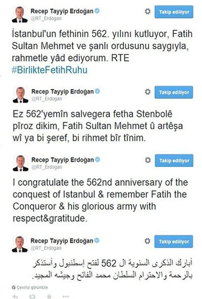 Cumhurbaşkanı Erdoğan'dan 4 dilde fetih mesajı