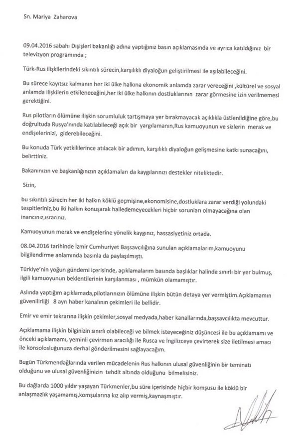 Alparslan Çelik’ten Rusya Dışişleri Sözcüsü’ne mektup