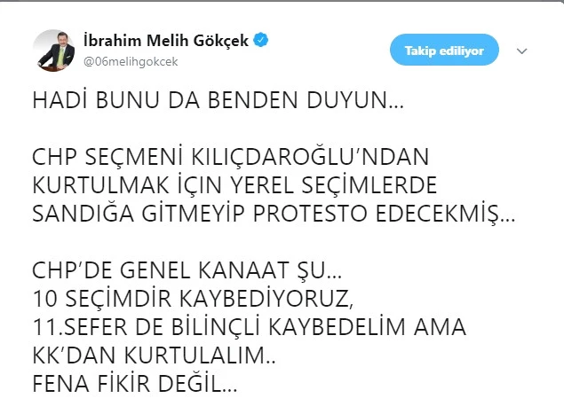 Gökçek'ten bomba iddia: CHP'liler Kılıçdaroğlu'nu devirmek için seçimleri boykot edecek