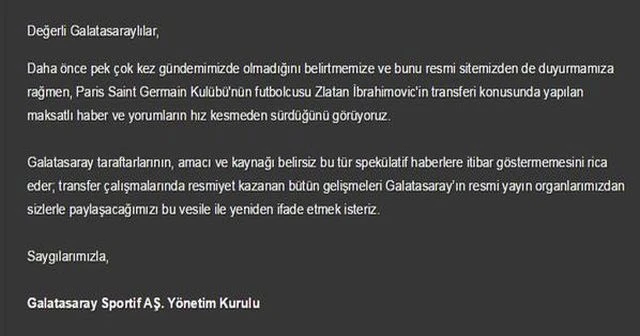 Galatasaray'dan zlatan ibrahimovic transferiyle ilgili yeni açıklama
