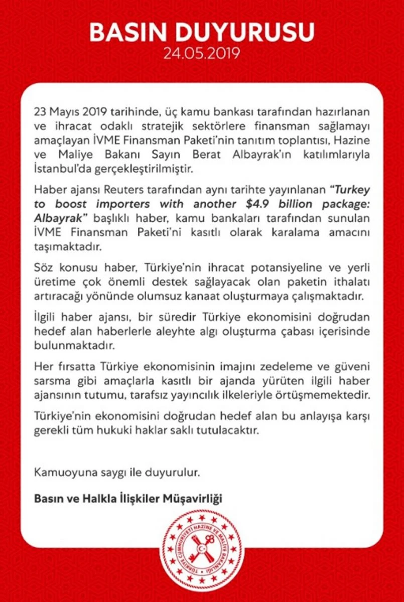 Hazine ve Maliye Bakanlığı'ndan Reuters'ın haberine tepki