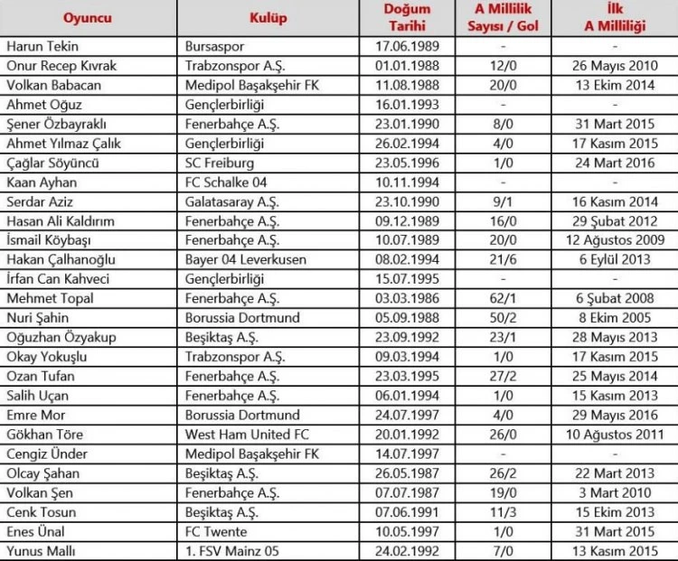 A Milli Takım'ın kadrosu açıklandı