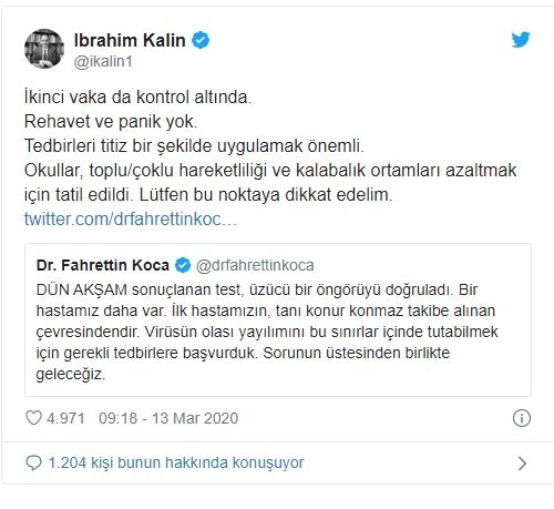 Cumhurbaşkanlığı'ndan ikinci koronavirüs vakasıyla ilgili açıklama