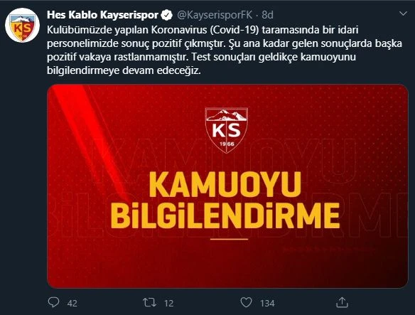 Kayserispor, bir idari personelde koronavirüs testlerinin pozitif çıktığını açıkladı