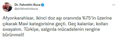 Bakan Koca açıkladı! Afyonkarahisar aşılamada mavi kategoriye geçti