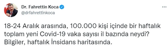 Son dakika... Bakan Koca, haftalık vaka haritasını paylaştı