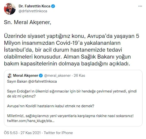 Bakan Koca'dan Akşener'in 'Kovidli hasta' iddiasına cevap