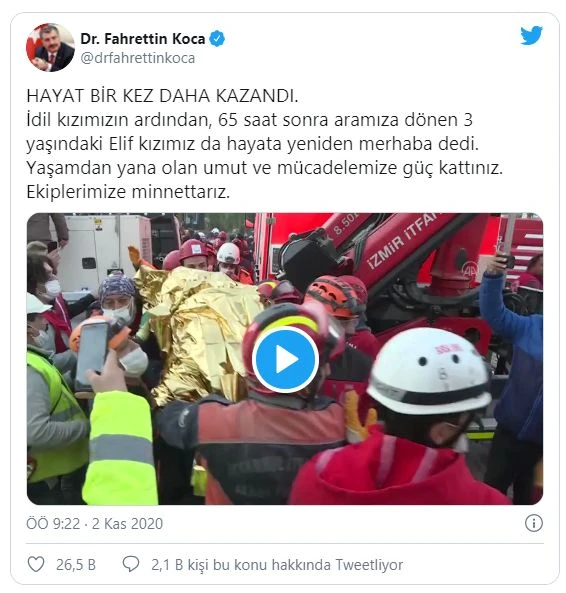 Sağlık Bakanı Koca'dan 'Elif' paylaşımı: Hayat bir kez daha kazandı
