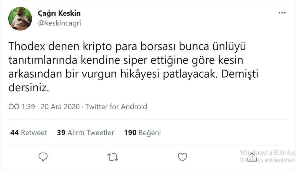 Thodex firmasının dolandırıcı olabileceğini 4 ay önceden bildi