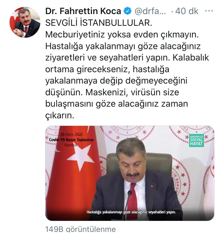 Bakan Koca'dan İstanbullulara 'evden çıkmayın' uyarısı