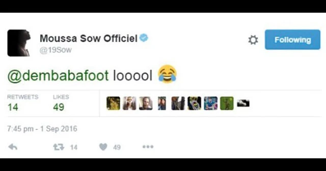 Moussa Sow'dan Demba Ba'ya Twitter'dan cevap