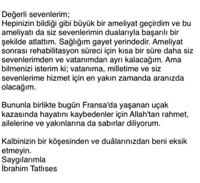 İbrahim Tatlıses'ten ameliyat sonrası ilk mesaj