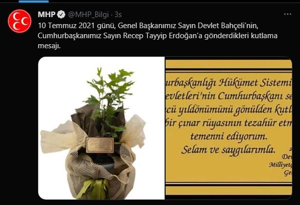 MHP Genel Başkanı Bahçeli’den Cumhurbaşkanı Erdoğan'a yıl dönümü fidanı