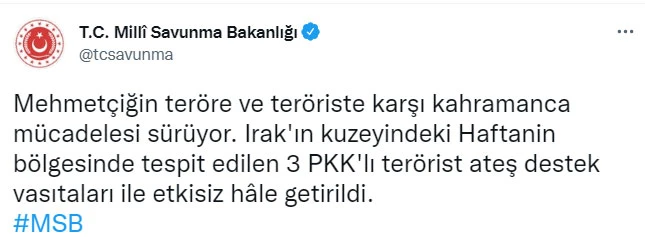 Irak'ın kuzeyinde 3 PKK'lı terörist öldürüldü