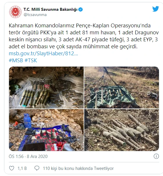 MSB: Pençe-Kaplan Operasyonu'nda terör örgütü PKK'ya ait çok sayıda mühimmat ele geçirildi